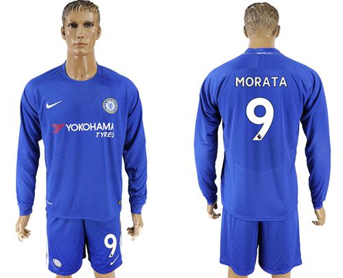 Chelsea #9 Morata Home Long Sleeves Soccer Club Jersey - Click Image to Close